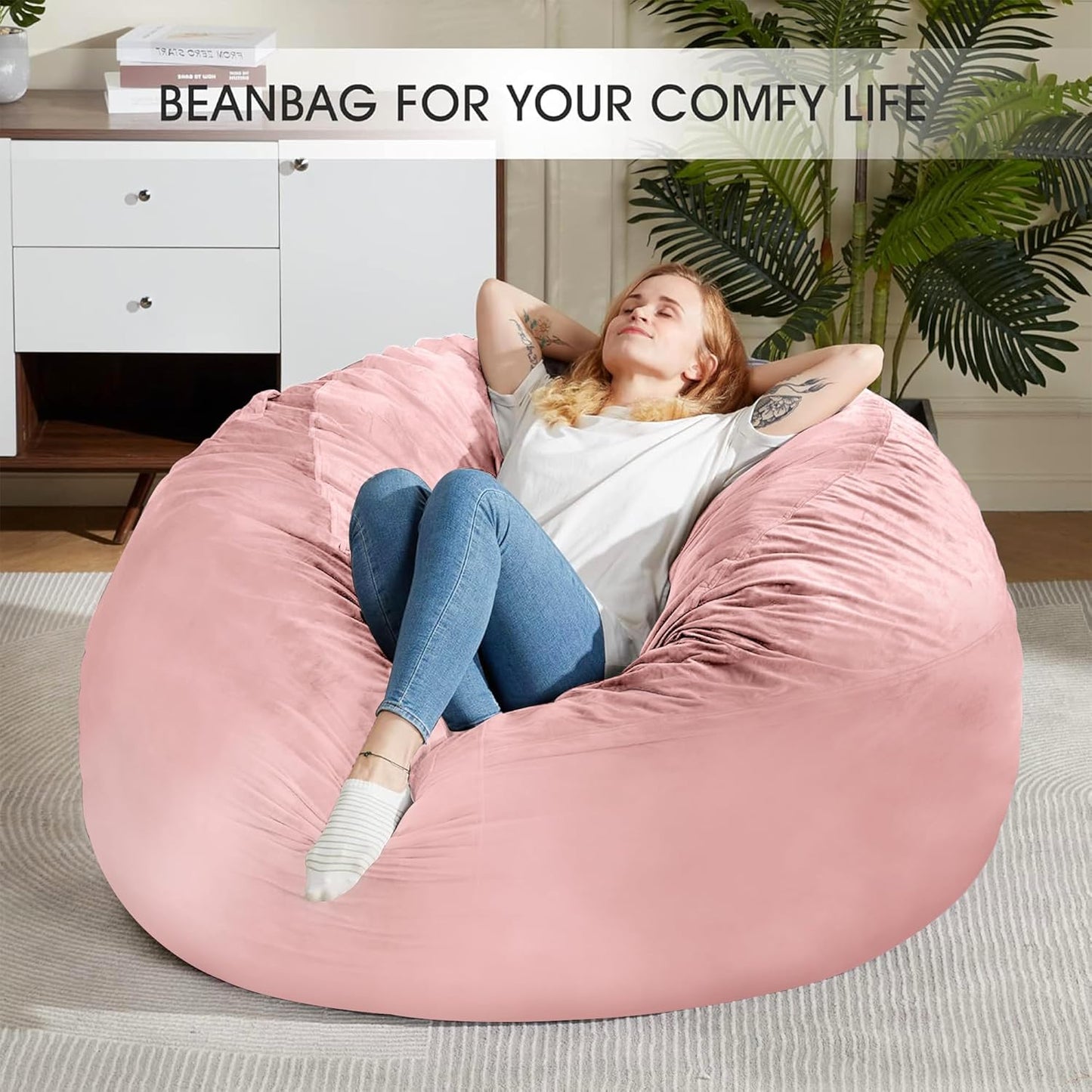HABUTWAY Bean Bag Chair: Giant 5' Memory Foam Furniture Bean Bag Chairs for Adults with Microfiber Cover 5Ft (Pink)
