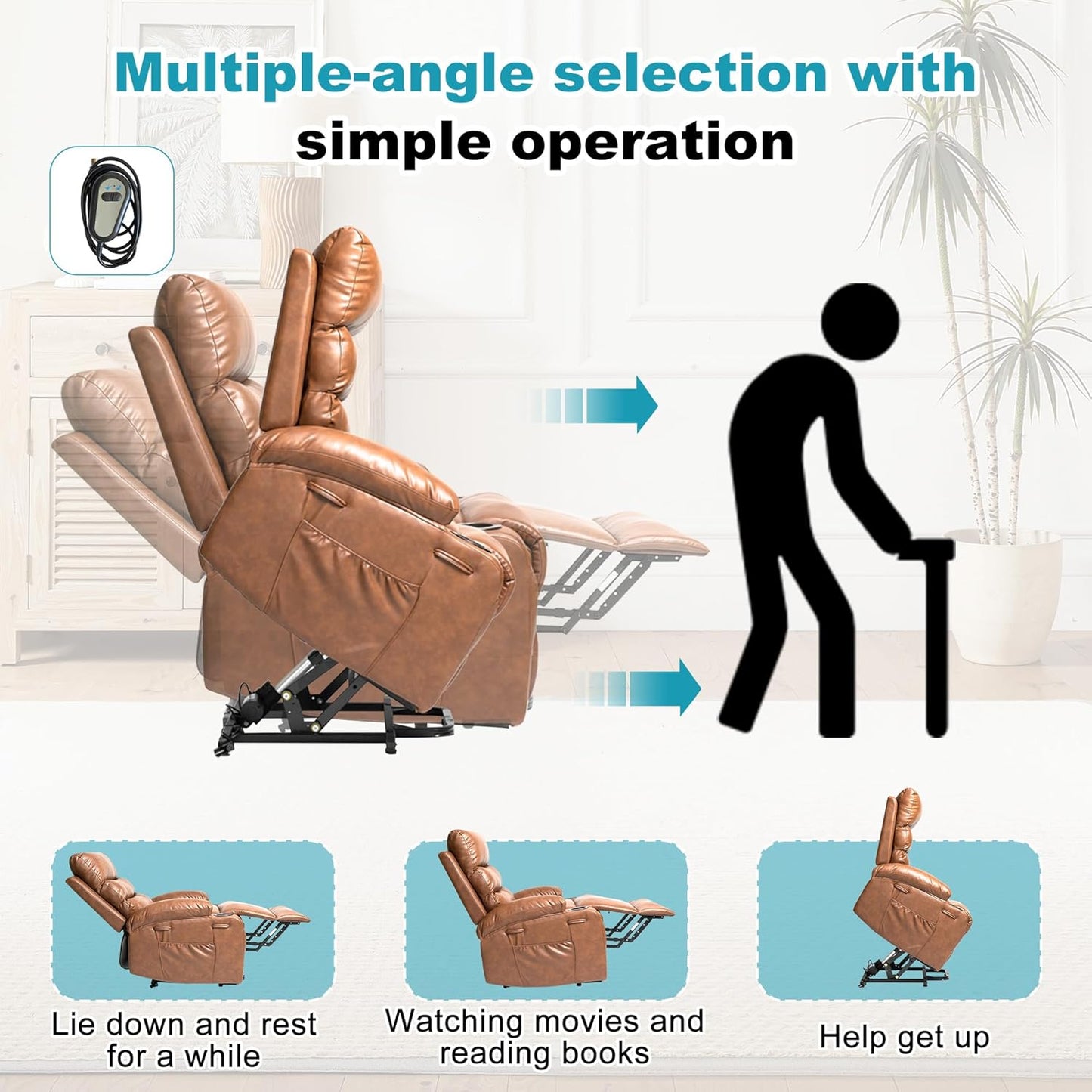 Recliner Chair Power Lift Massage Chair Full Body 21" Large Size Electric Recliner with 8 Point Vibration Massage and Lumber Heat, Remote Control, Side Pockets and Cup Holders, Brown