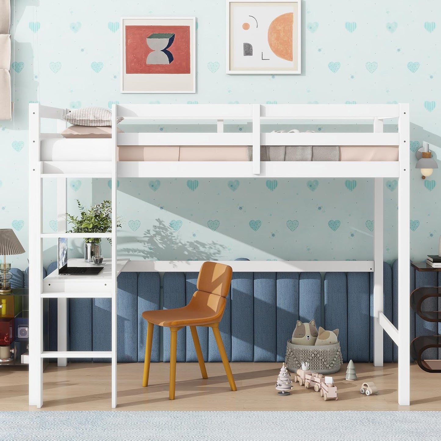 HomSof Twin Loft Bed with Built-in Desk,White