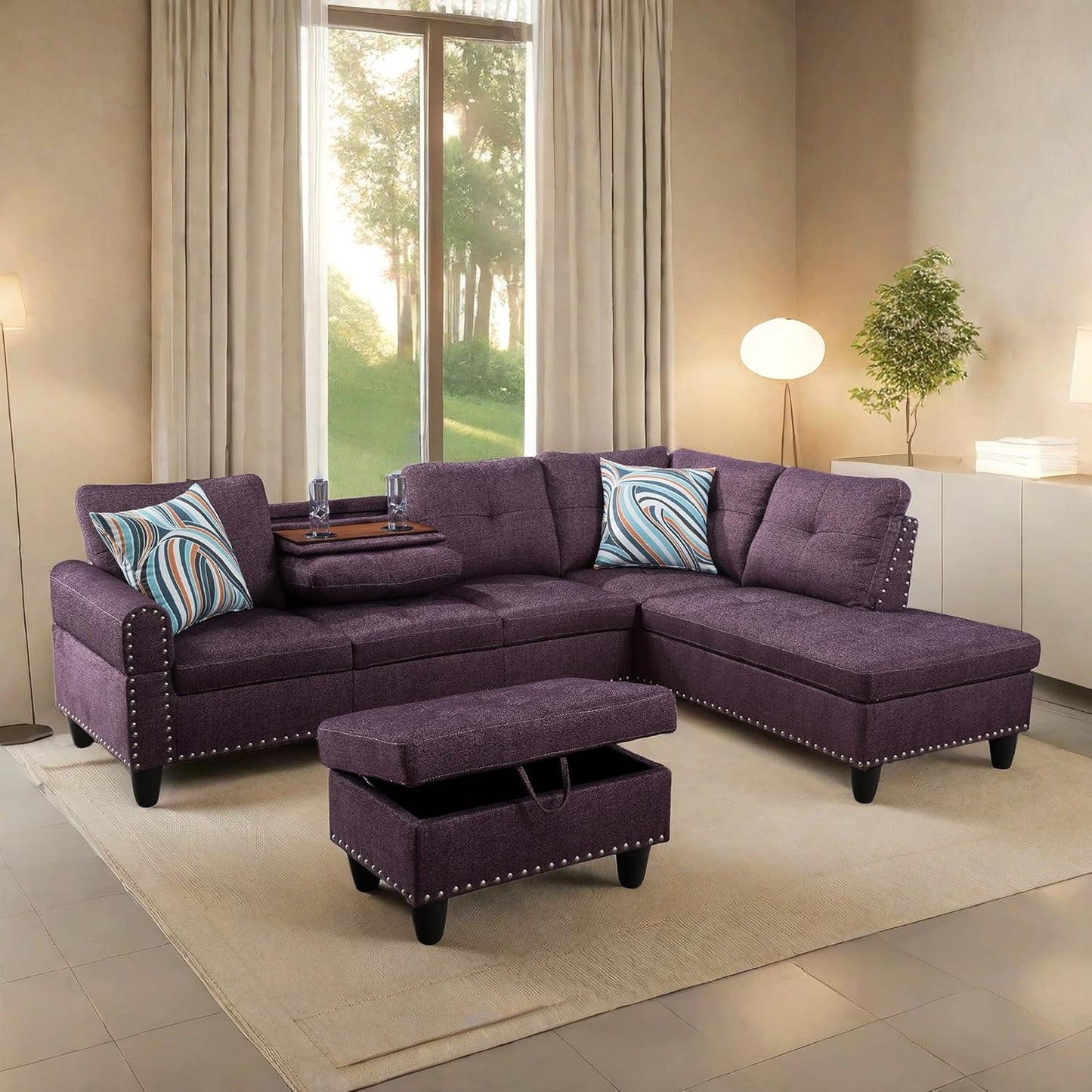 L Shaped Sectional Sofa with Ottoman, Nail-Head Design Linen Right Facing Modern Couches with Cup Holder for Living Room, Bedroom, Office, Purple