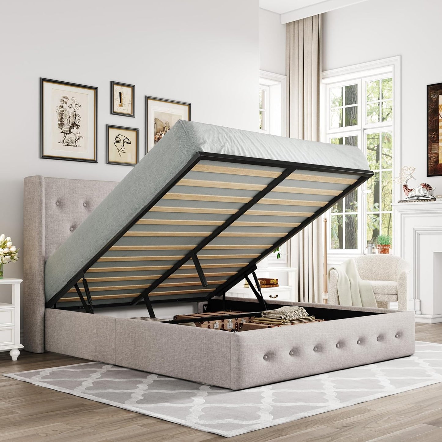 Allewie Full Size Lift Up Storage Bed, Button Tufted Headboard with Wingback, Hydraulic Support, No Box Spring Needed, Light Beige