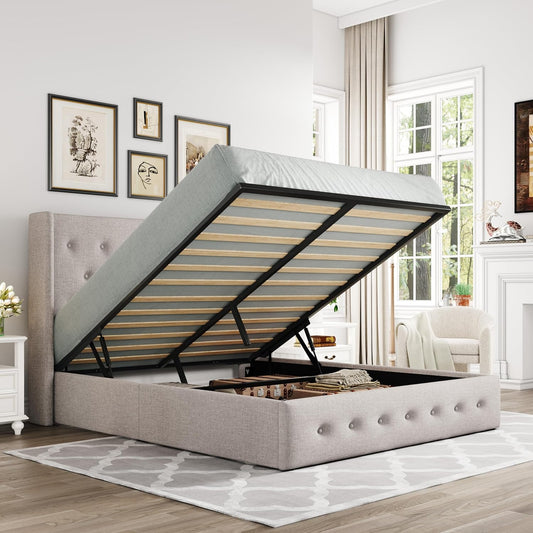 Allewie Full Size Lift Up Storage Bed, Button Tufted Headboard with Wingback, Hydraulic Support, No Box Spring Needed, Light Beige