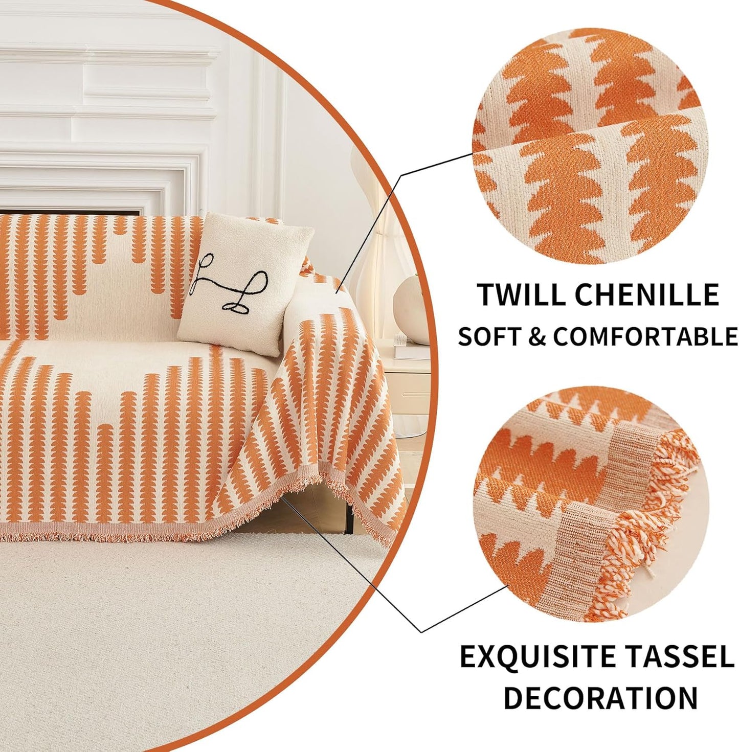 HAOMAIJIA Boho Sofa Covers Couch Covers for 3 Cushion Couch Sofa Pet Friendly Soft Thick Non Slip Couch Cover for Dogs Washable Sectional Couch Covers L Shape Furniture Protector (Orange, 91"x134")