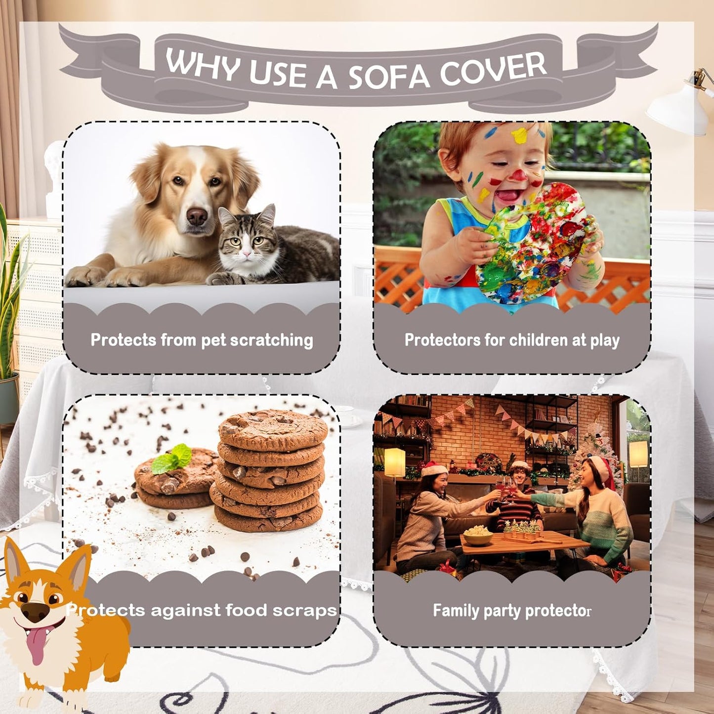 HANDONTIME Couch Cover for Dogs Grey Sectional Couch Covers for 2 Cushion Couch Sofa Flower Cute Sofa Covers Machine Washable Easy Install Couch Blanket Cover Slip Covers for Sofas/Couches, 71" X118"