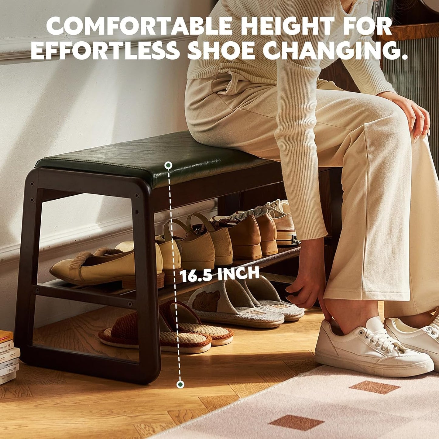 Solid Wood Shoe Bench, 2-Tier Wooden Storage Entryway Bench, Small Storage Bench Entryway Bench, Mid-Century Modern Bedside Bench with Faux Leather Cushion for Dining Room Living Room, Walnut 21.65''