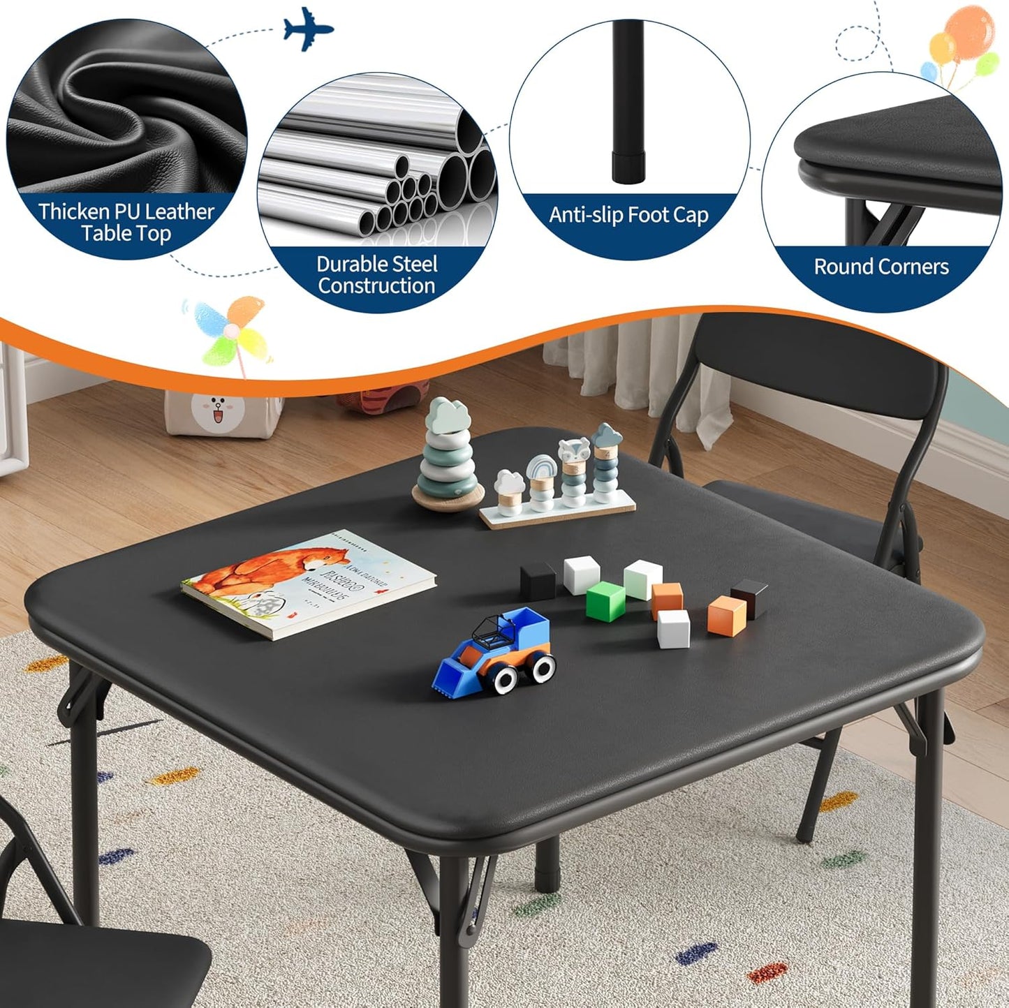 GarveeHome 3-Piece Kids Folding Table and Chairs Set, Toddlers Children's Activity Table and Chairs Set for Dining Room,Daycare,Classrooms