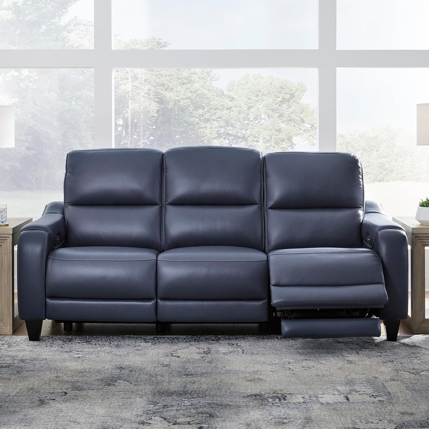Signature Design by Ashley Mercomatic Contemporary Leather Match Wall Hugger Power Reclining Sofa with Adjustable Headrest and USB Ports, Blue