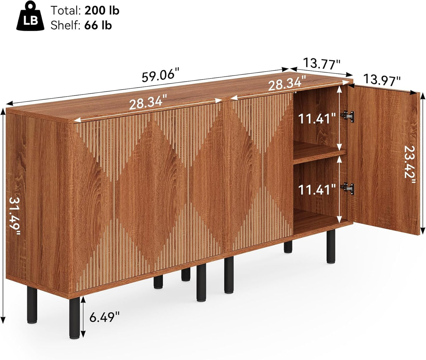 LITTLE TREE 59 Inches Long Sideboard Buffet Cabinet, Vintage Storage Cabinet with 4 Doors, Large Coffee Bar Cabinets for Kitchen, Cupboard Console Cabinets, Old Rose Color