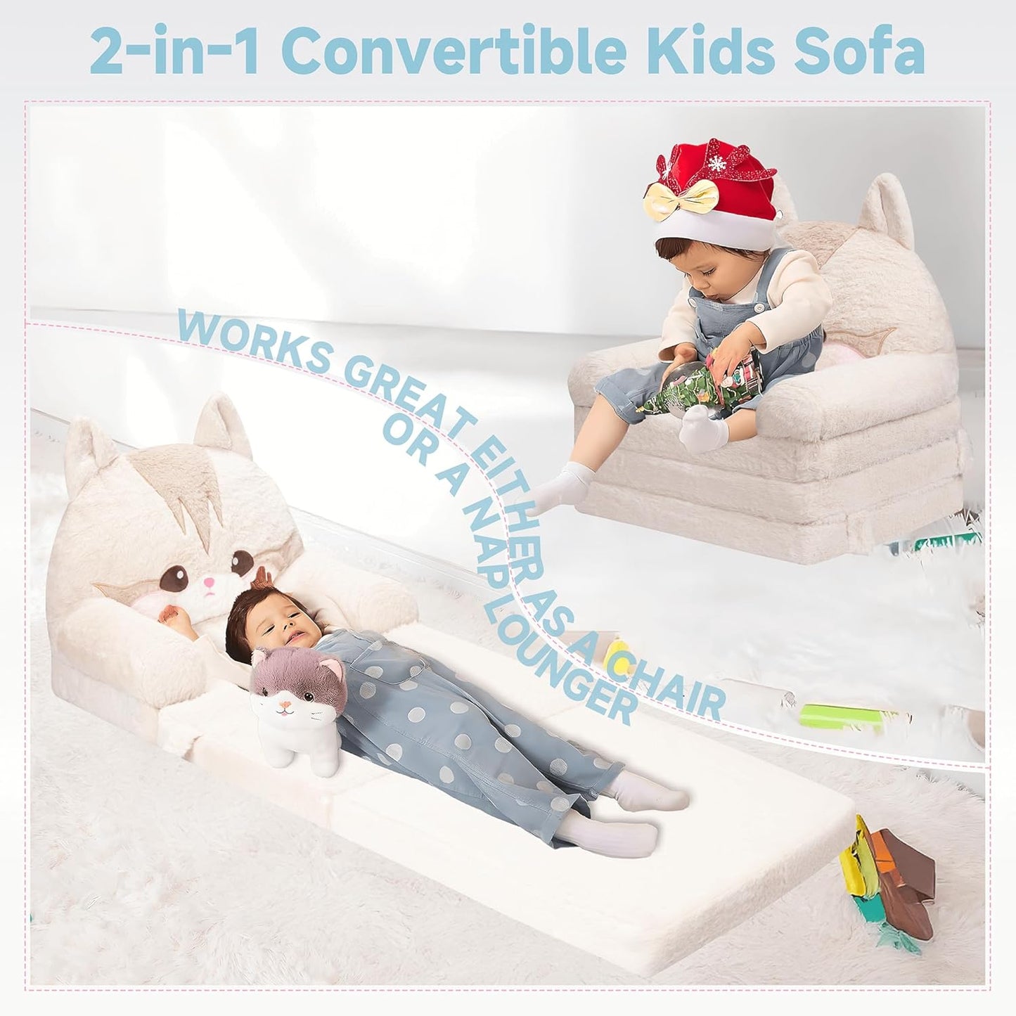 MONKISS Kids Couch, Comfy Toddler Chair, 2 in 1 Fold Out Kids Sofa to Lounger, Baby Sleeper Chair, Toddler Furniture, Birthday Gifts for Boys and Girls, 1~4 Years Old, Cute Cat