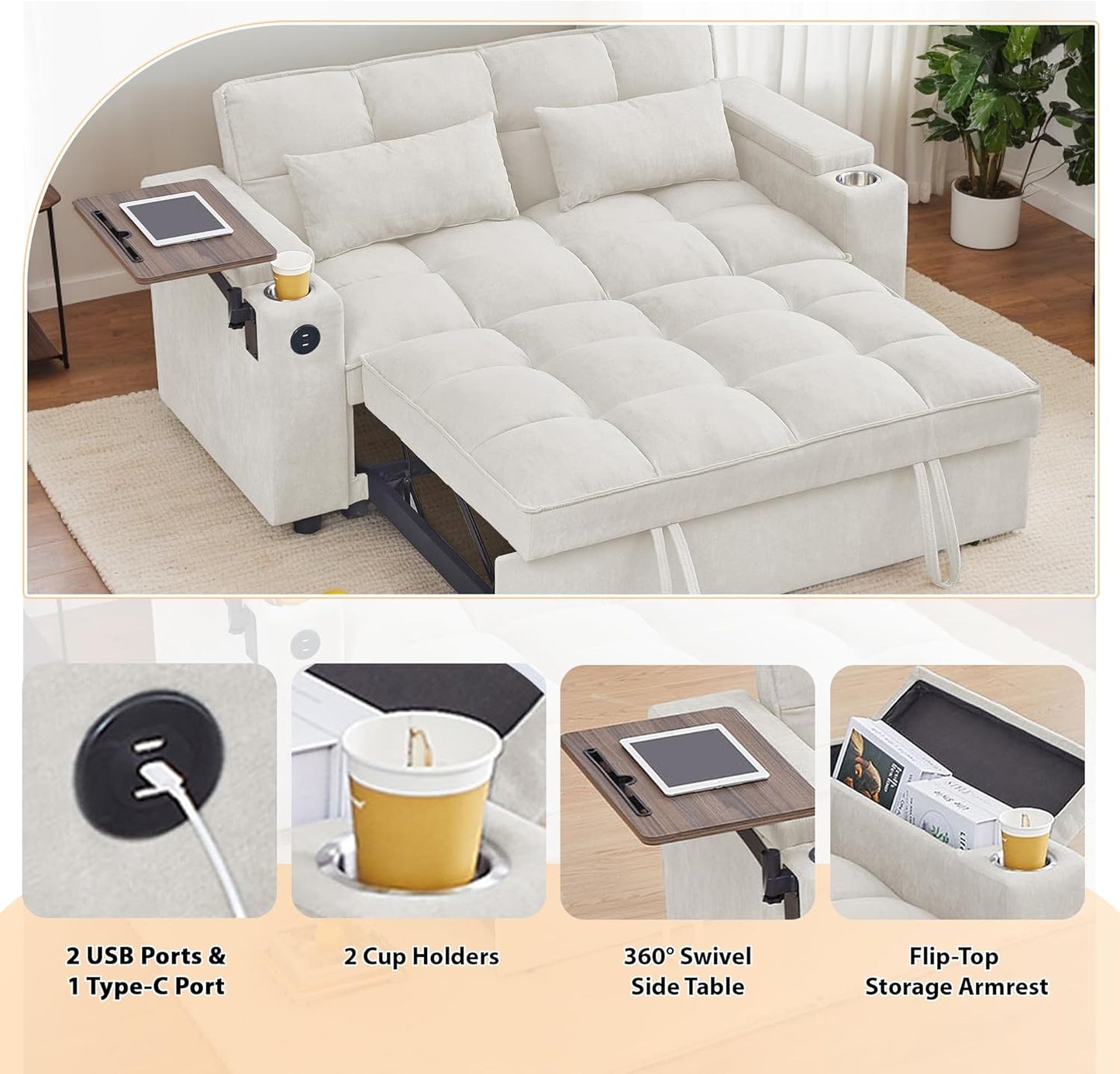 65-inch Multifunctional Loveseat Pull Out Sleeper Sofabed W/Cupholders, Oversized 3-in-1 Convertible Love Seat with Pull-Out Sleeper Couch Bed, Storage, USB Ports, Side Table for Living Room Bedroom