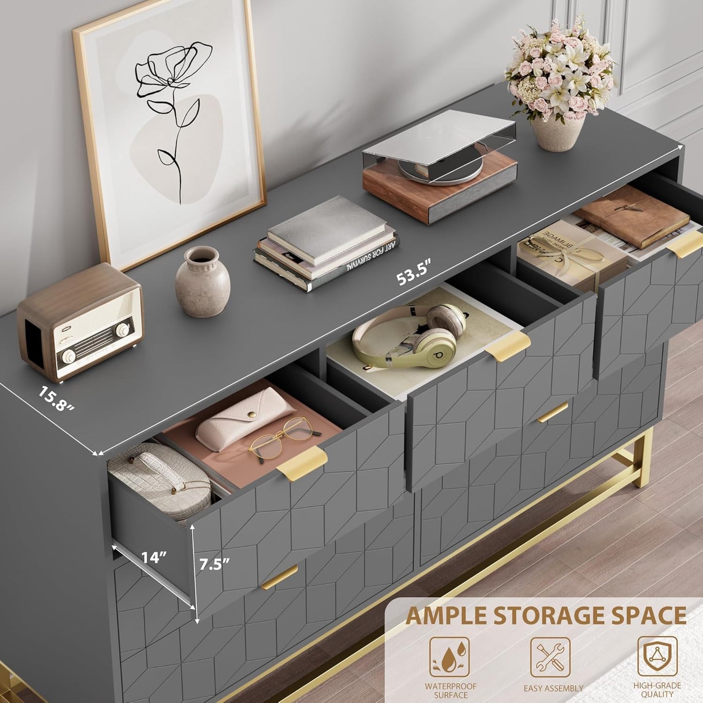 Dresser for Bedroom, 53.5" Wide Dresser Organizer, 7 Drawer with Golden Metal Handle and Legs, Modern Chest of Drawers for Closet, Hallway, Living Room, Entryway, Grey