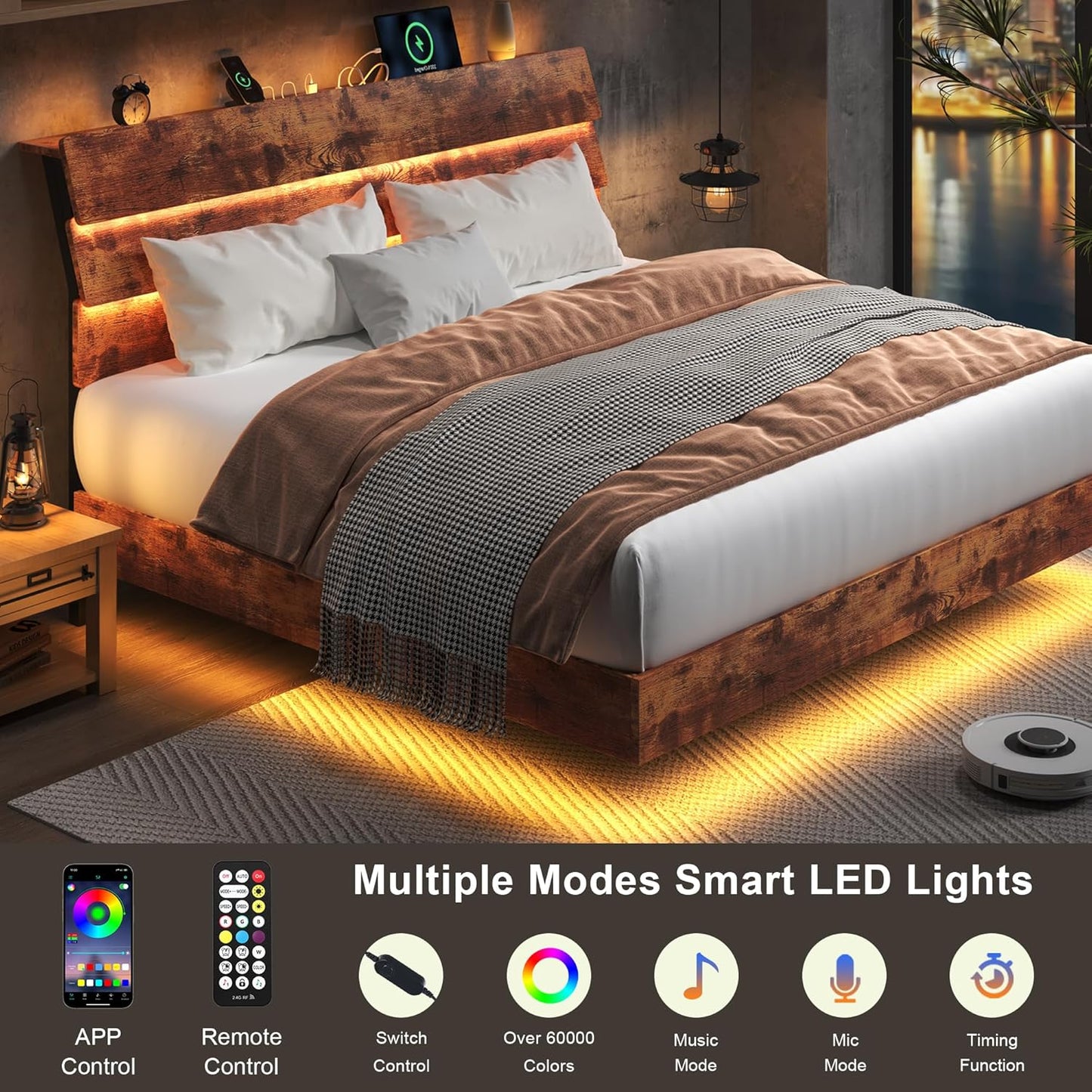 Feonase Floating Bed Frame King with Led Lights and Charging Station, Wood Full Size Bed Frame with Storage Headboard, Heavy Duty Metal Slats, No Box Spring Needed, Easy Assembly,Vintage Brown