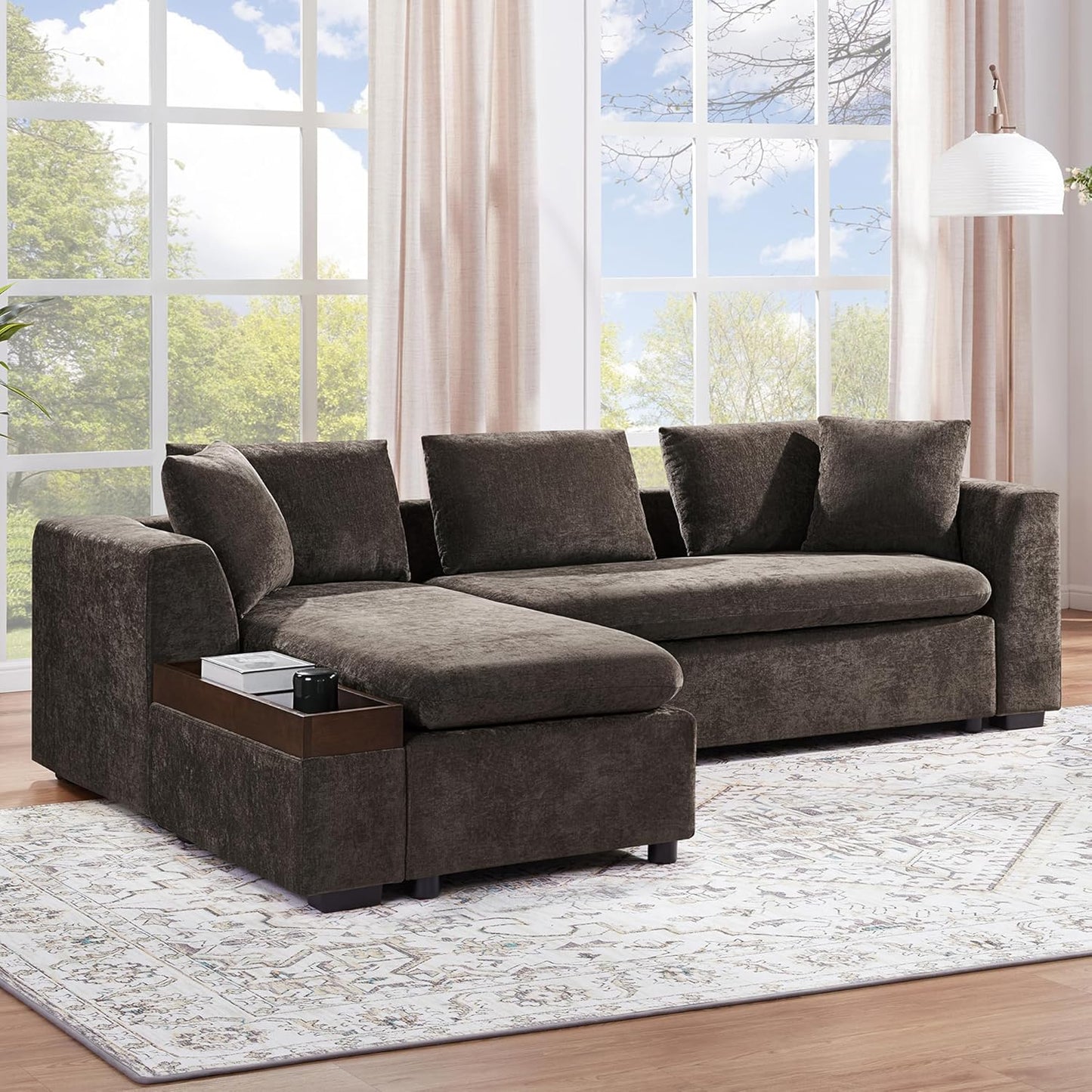 Ball & Cast Modular L-Shaped Sectional Sofa with Storage - 93.8" Chenille Fabric Couch, Deep Seating & Matching Pillows, Modern Living Room Furniture,Brown