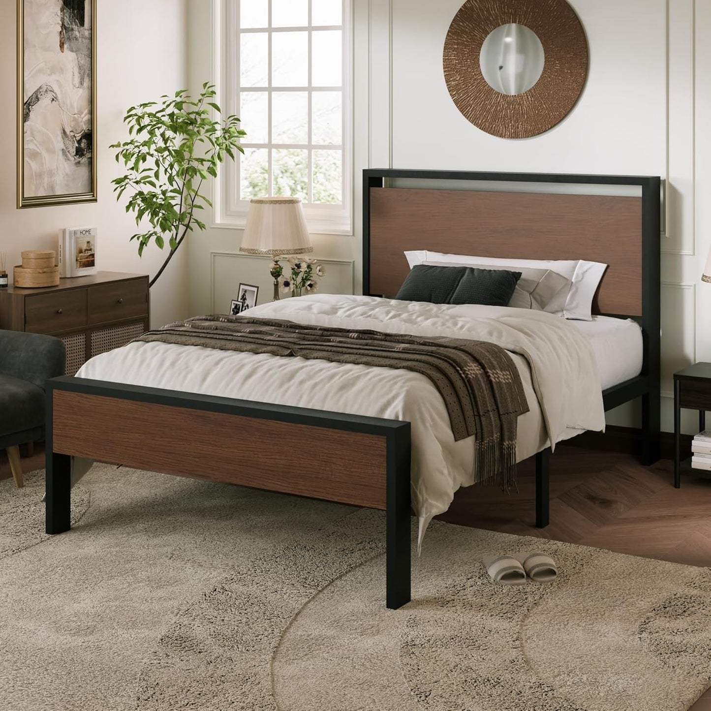 Allewie Twin Size Platform Bed Frame with Wooden Headboard and Footboard, Heavy Duty Metal Slats Support, No Box Spring Needed, Under-Bed Storage, Noise Free, Easy Assembly, Walnut