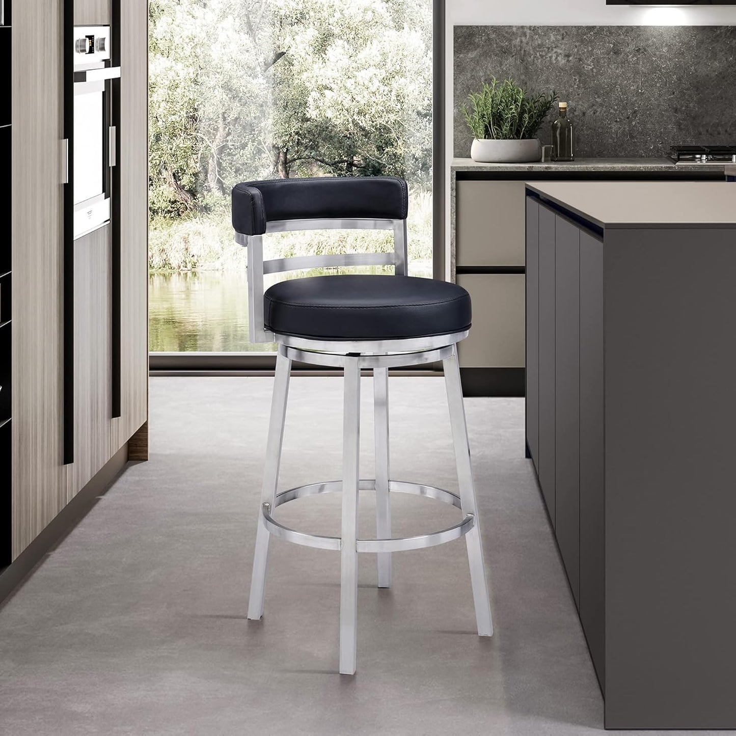 Armen Living Titana 30" Bar Height Swivel Black Faux Leather and Brushed Stainless Steel Bar Stool