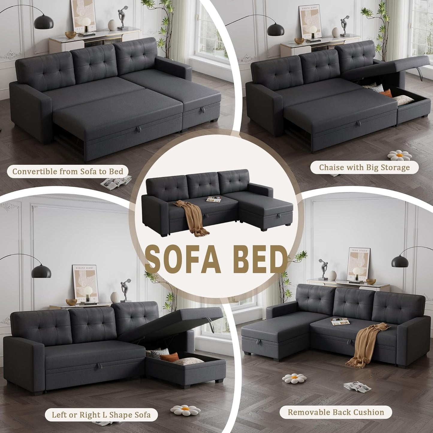 Ball & Cast Convertible Sectional Sleeper Sofa Bed L Shaped 4 in 1 Pull Out Couch with Reversible Storage Chaise & Removable Back Cushions,Sleeper Corner Pull Out Sofa Bed Couch for Living Room,Office