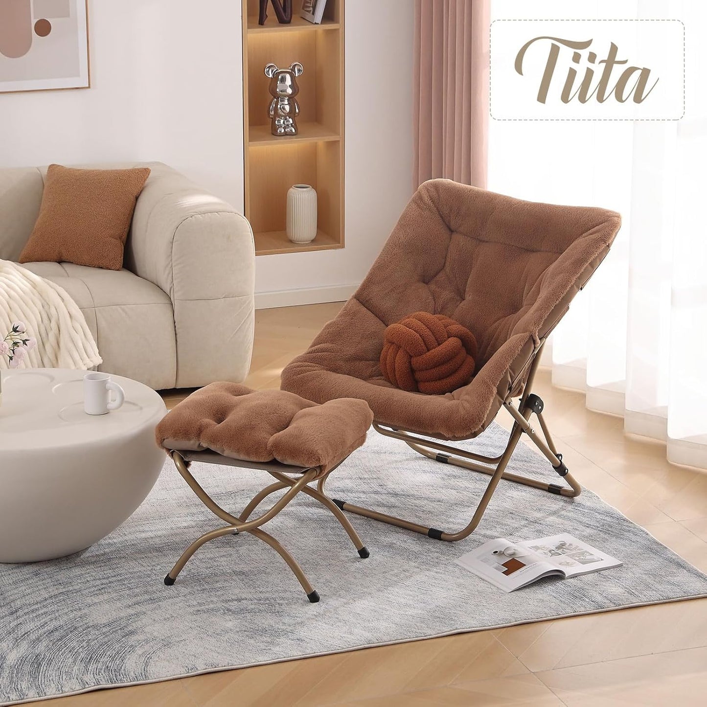 Tiita FoldedChair with Ottoman, Soft Faux Fur Oversized Folding Accent Chair,Lounge Lazy Chair, Metal Frame Moon Chair for Bedroom, Living Room, Dorm Rooms, Garden and Courtyard