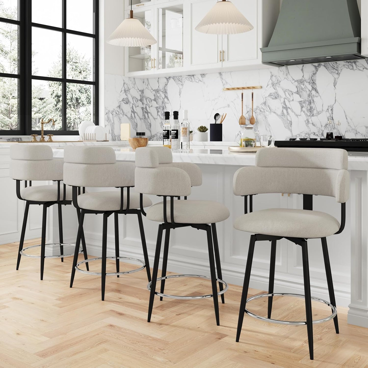 Swivel Bar Stools Set of 2, Counter Height Bar Stools with Ergonomic Full Back, Upholstered Linen Fabric Barstools with Chrome Metal Footrest for Kitchen Island, Dining Room