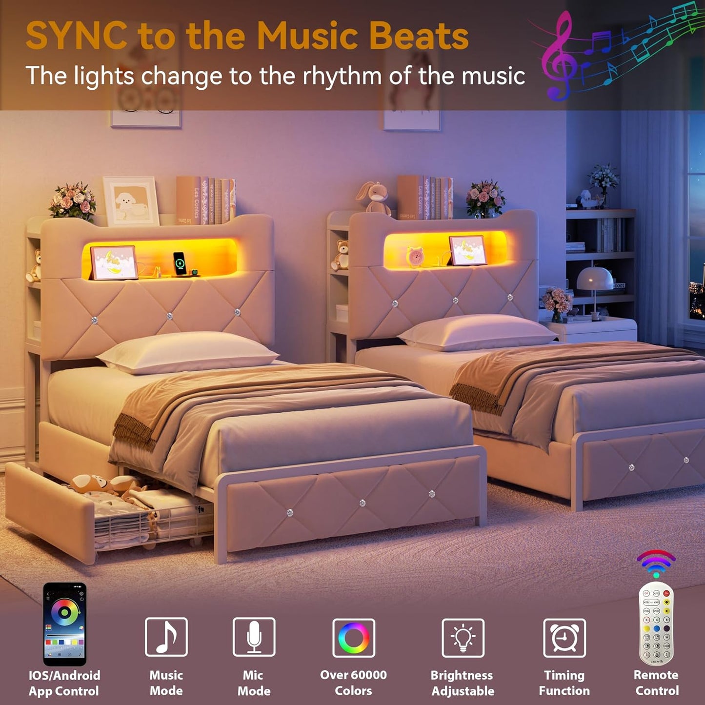 Twin Upholstered LED Bed Frame with 2 Storage Drawers and 2-Tier Storage Bookcase Headboard, Velvet Princess Platform Bed for Kids/Girls/Boys, Corner Bed Frame, Heavy Duty Metal Support, Beige