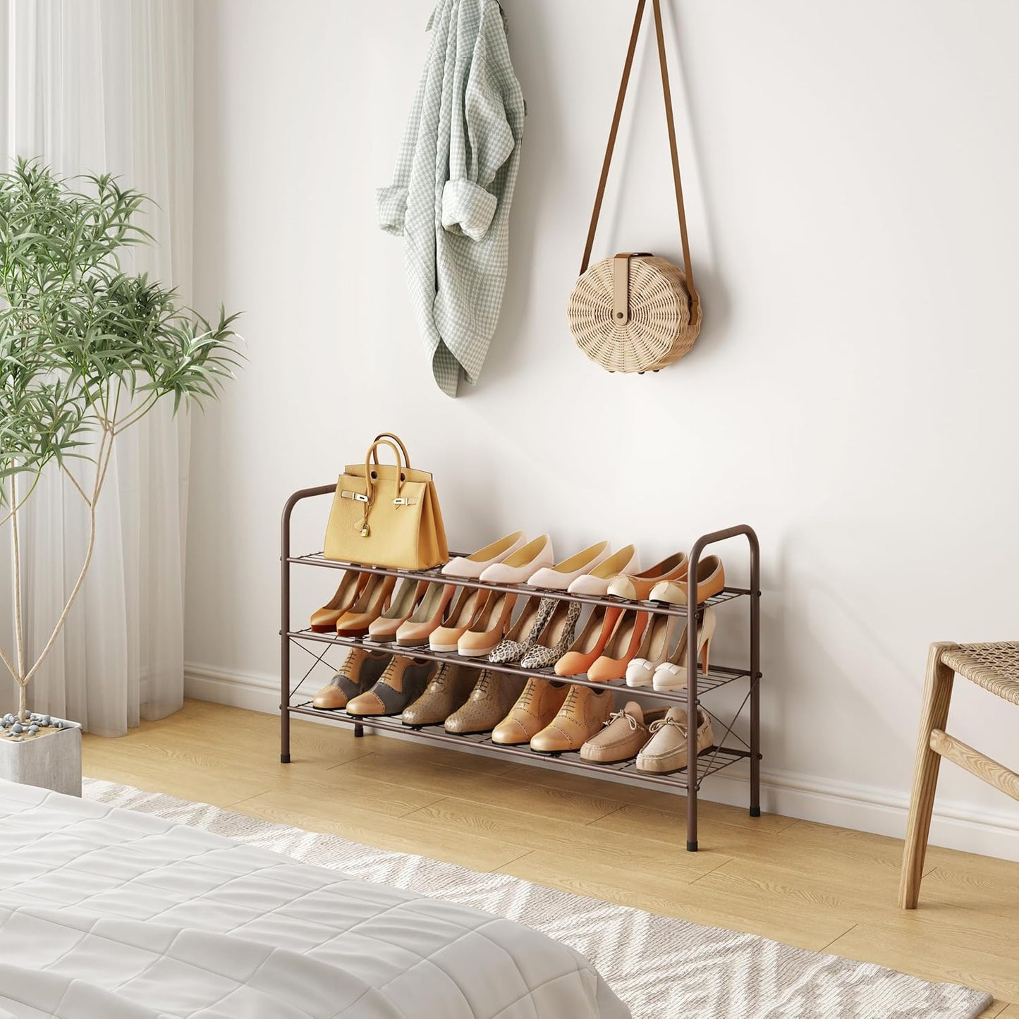 Hoctieon 3 Tier Mesh Style Shoe Rack, Entryway Shoe Shelf, Shoe Storage Organizer, Shoe Rack for Closet, Space Save for Bathroom, Garage, Hallway, Bedroom, Living Room, Brown