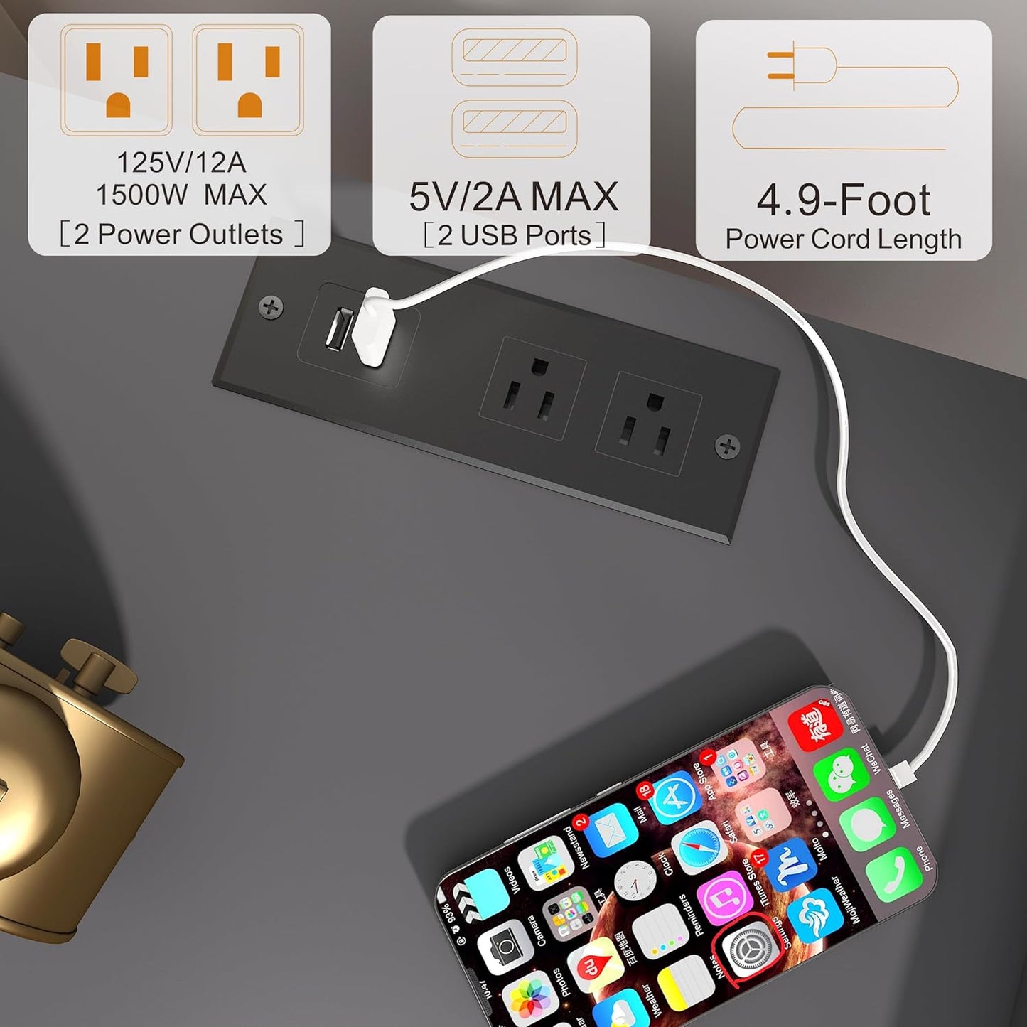 Nightstand with Charging Station, Bedside Tables Set of 2, End Table Side Table with 2 Tiers Storage Space, for Bedroom, Living Room, Grey MLBZ07ZEV-2