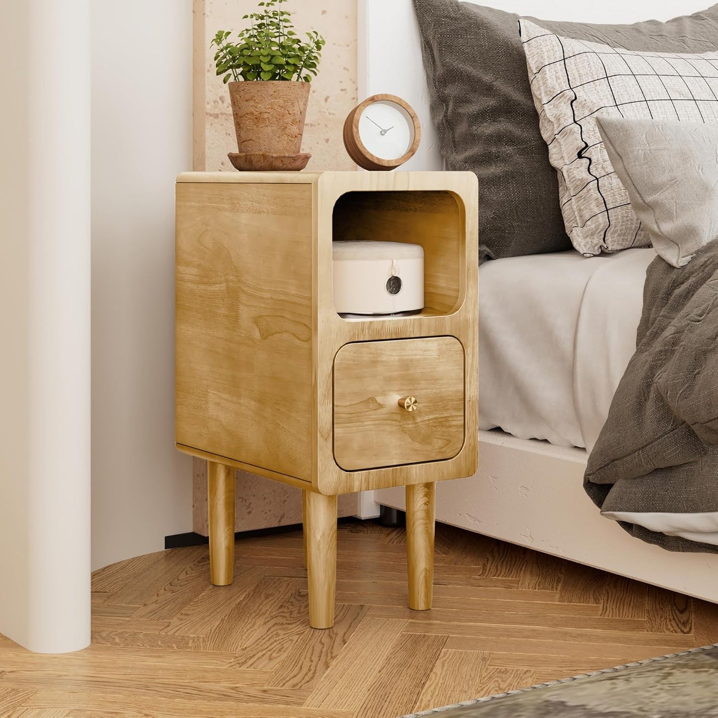 Narrow Nightstand, Solid Wood Night Stand with Drawers, Natural Mid Century Modern Nightstand, Small Beside Table with Open Storage Shelf for Bedroom (10 inch)