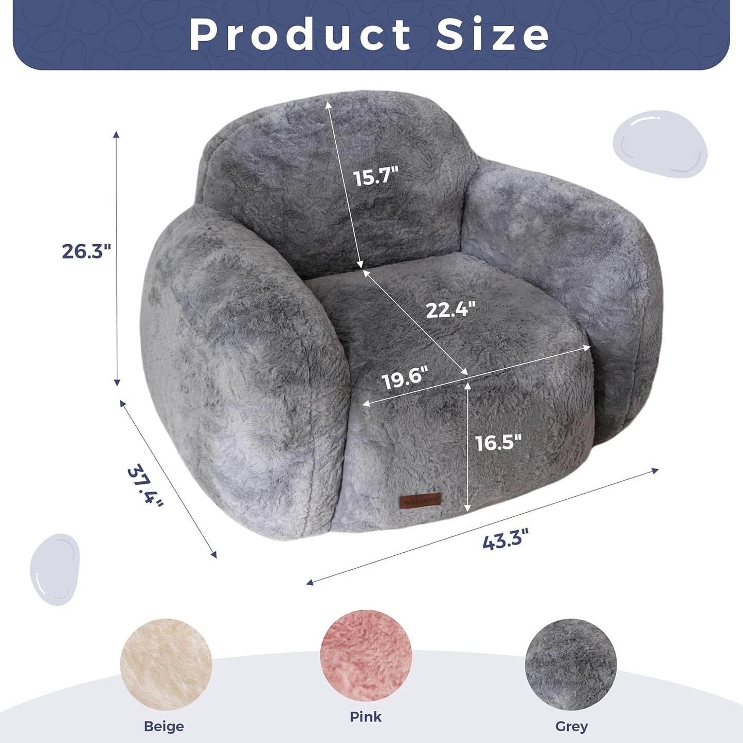 MAXYOYO Bean Bag Chair, Comfy Pebble Shaped Single Bean Bag Sofa for Adults, Stuffed Floor Sofa with Supportive Backrest & Armrests, Modern Faux Fur Accent Chair for Living Room & Bedroom, Grey