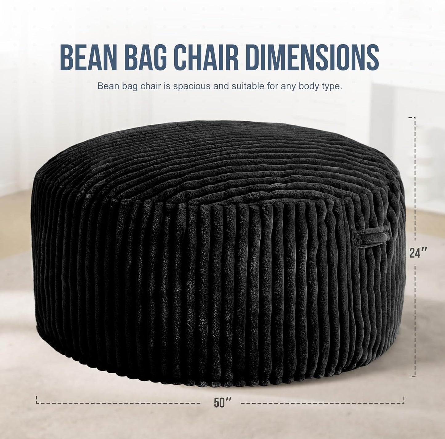 Hobestluk 5ft Bean Bag Chairs for Adults Large Beanbag Chair with Stripe Plush Cover Big Bean Bag Chair for Living Room Bedroom Dorm Office -Black (50” x 50” x 24”)