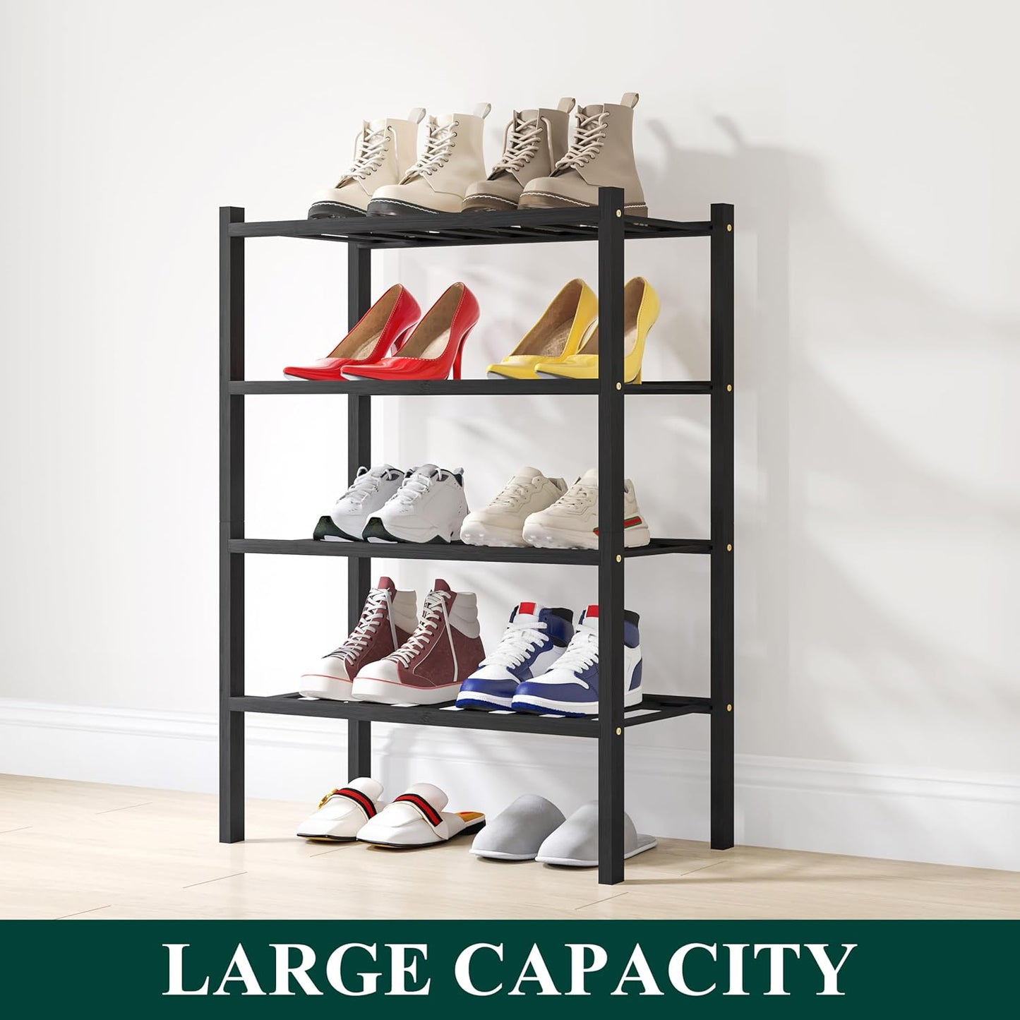 Smiry Shoe Rack, 4 Tier Small Bamboo Shoe Organizer, Stackable Free Standing Wooden Shoe Storage Shelf for Closet, Entryway, Front Door Entrance, Black