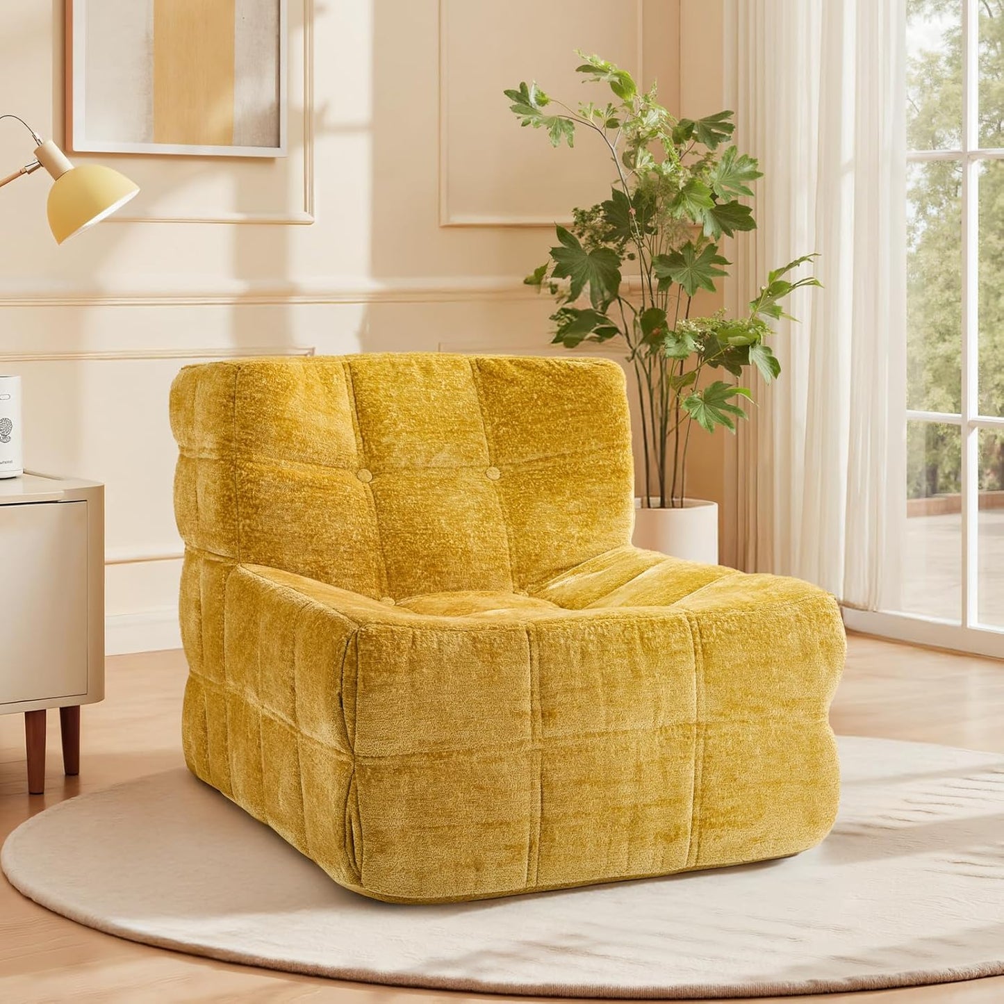 Bean Bag Chair, Soft Chenille Pre-Filled Lazy Chair Floor Sofa Bean Bag Chair for Adults and Teens, Accent Chair for Living Room Bedroom Apartment (Yellow)