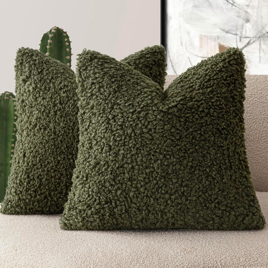 Foindtower 2 Pieces 18x18 Inch Olive Green, Faux Fur Throw Pillow Cover Accent Sherpa Furry Pillow Covers Fuzzy Soft Pillowcases Cozy Sheepskin Decorative Fleece Cushion Case for Bed Couch Living Room