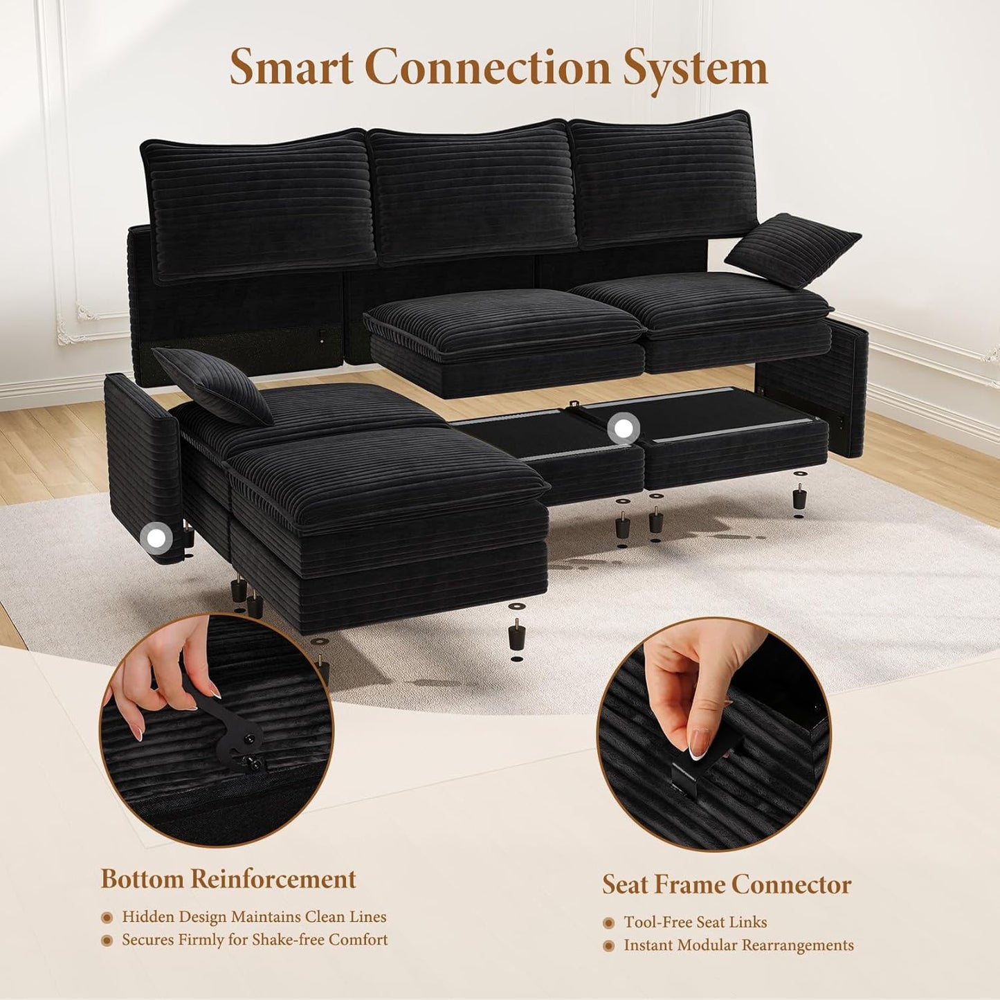 Vesgantti 142" U Shaped Sectional Couch, Comfy Cloud Modular Sectional Sofa with 2 Ottoman Deep Seat Corduroy Modern Cloud Sofa, Modular Sofas for Living Room, Bedroom and Apartment, Black