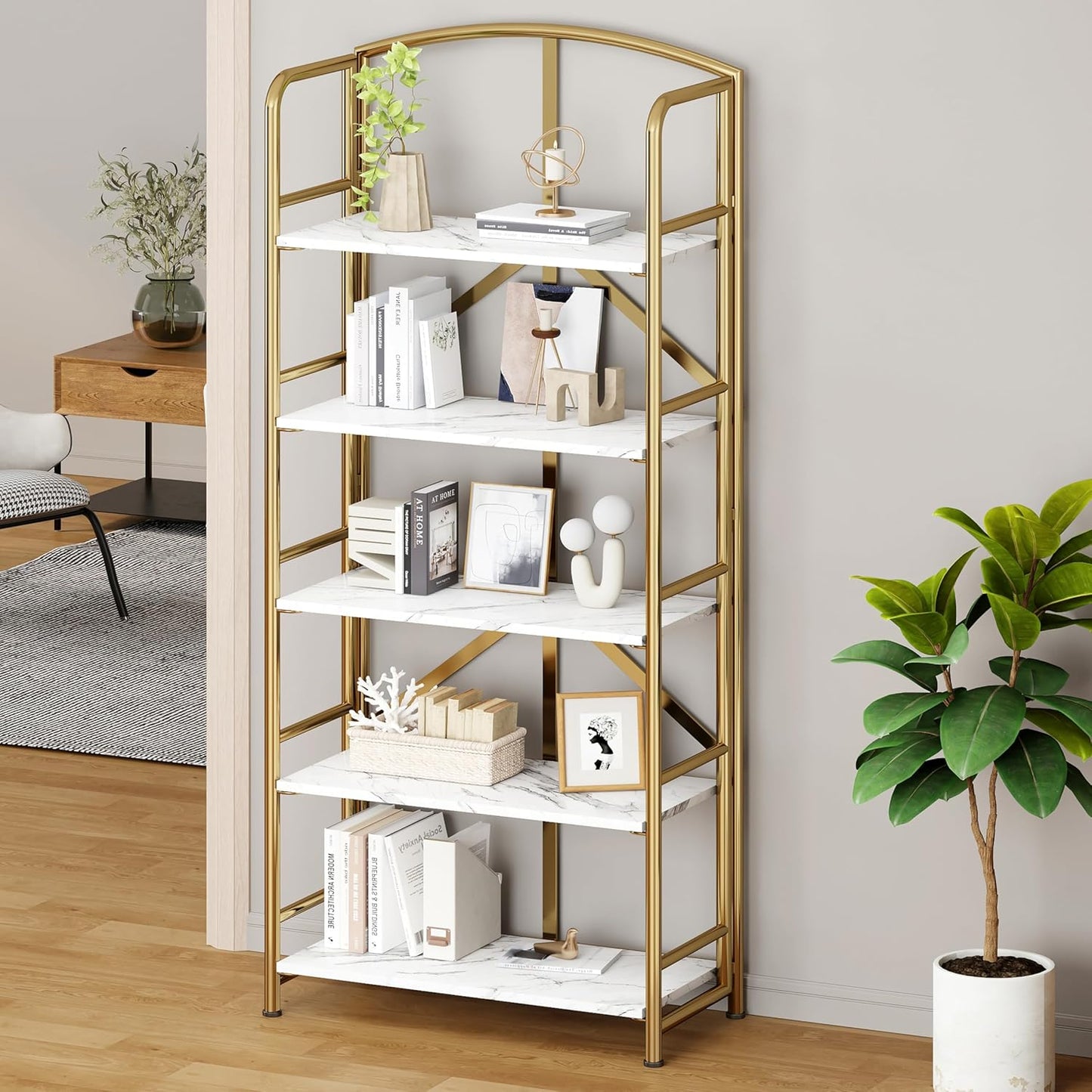 No-Assembly Folding Gold Bookshelf Storage Shelves 5 Tiers Vintage Multifunctional Plant Flower Stand Storage Rack Shelves Bookcase for Home Office