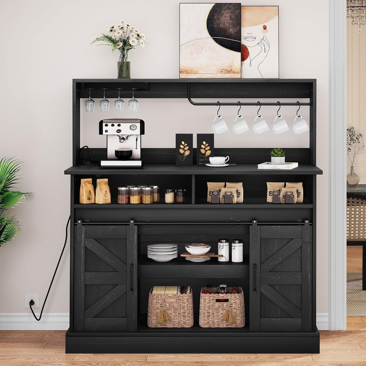 YITAHOME Buffet Cabinets with Upper Rack, Farmhouse Coffee Bar Cabinet with Power Outlet & Goblet Holder, 47 Inch Sideboard Cabinets with Sliding Barn Door for Kitchen, Living Room (Black Oak)