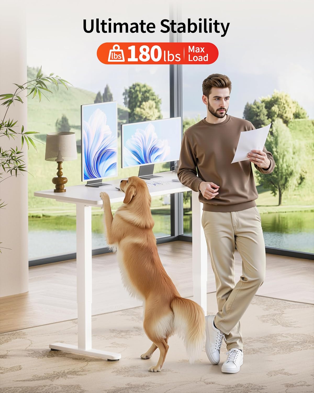 Okin Standing Desk Electric Adjustable Computer Whole Piece Stand up Desk Office Gaming Home Office Memory Desks 48x24 inches White