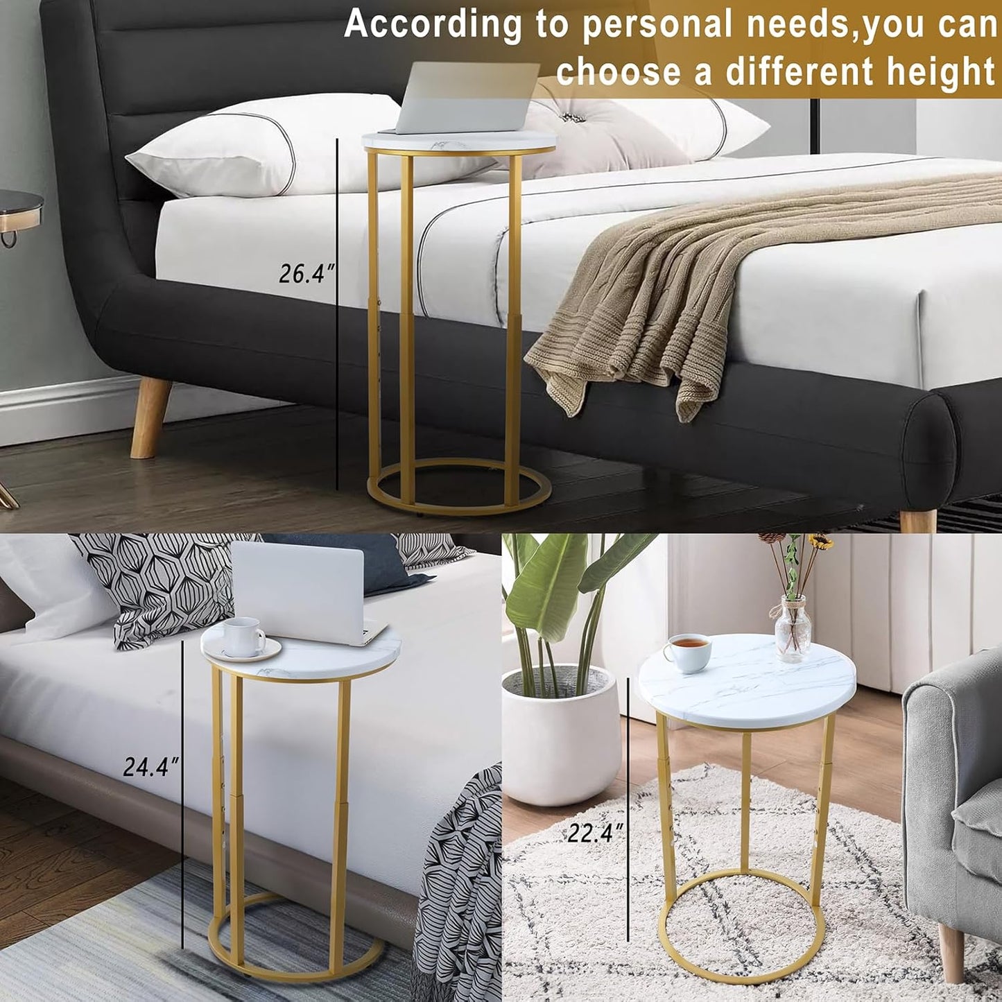 Serteaw C-Shaped End Table, Sturdy Side Table for Couch Sofa Bedside Small Space,C Snack Table TV Tray Record Player Stand Small Tables for Living Room Bedroom,Easy to Assemble,Gold