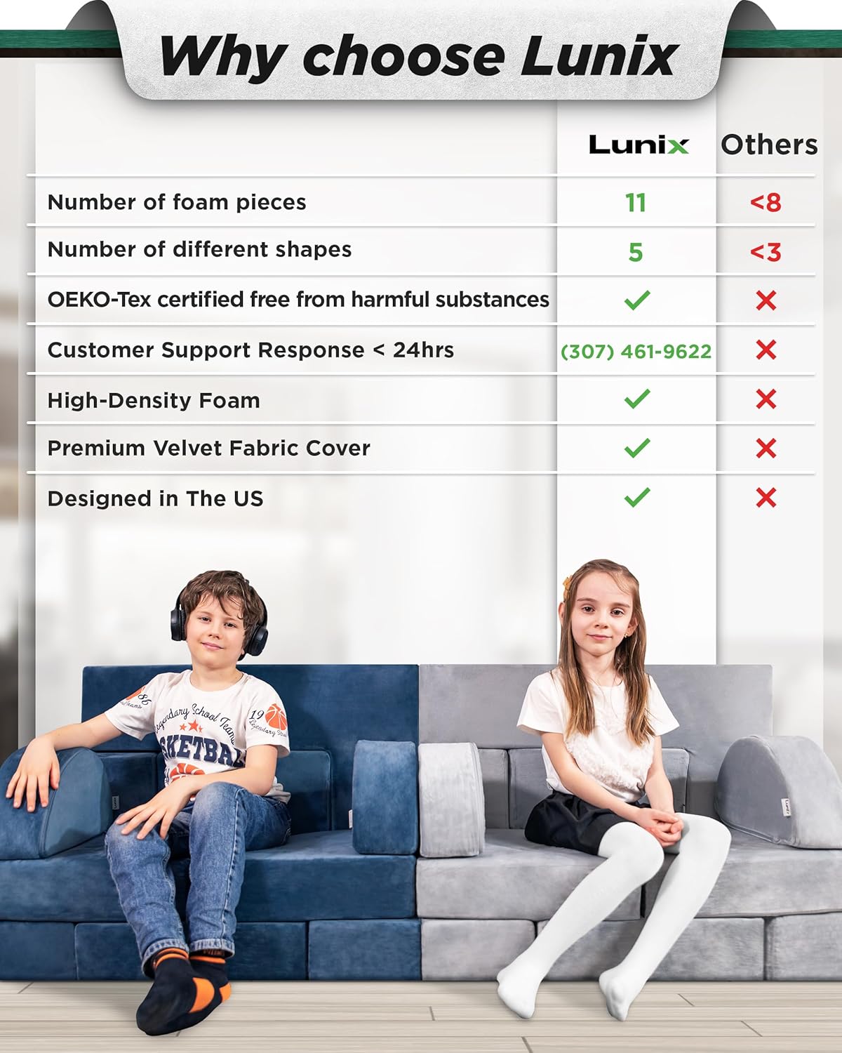 Lunix LX22 11pcs Modular Kids Play Couch, Child Sectional Sofa, Fortplay Bedroom and Playroom Furniture for Toddlers, Convertible Foam and Floor Cushion for Boys and Girls, Gray