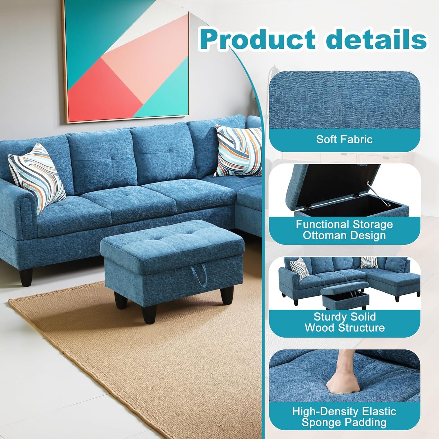 Couches for Living Room Modern L Shaped Couch Comfy Flannel Fabric 3 Pieces Sectional Sofa with Chaise, Ottoman with Storage for Office and Small Apartment, Blue