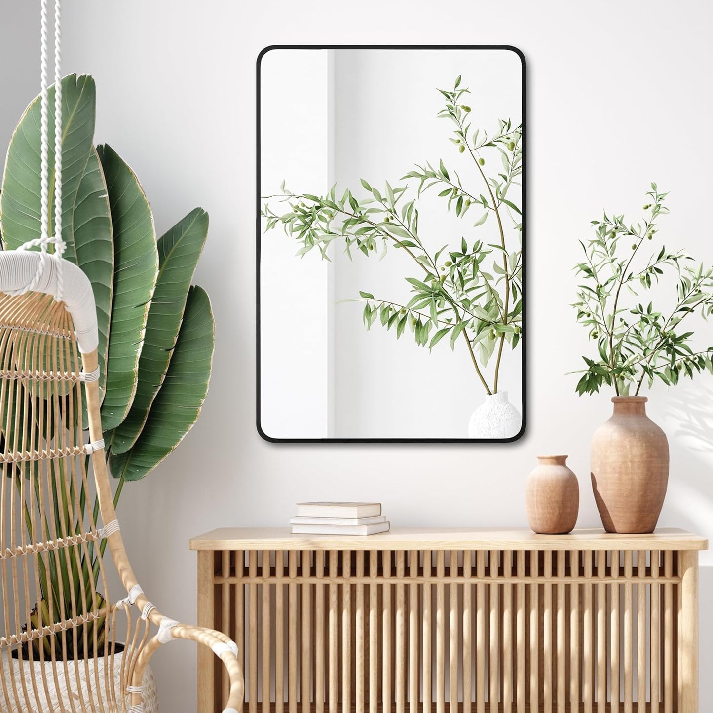 27"x40" Bathroom Wall Mirror with Matte Black Metal Frame & HD Glass, Copper-Free Mirrors Modern Rectangle Round Corner Framed Vanity Mirror - Horizontal or Vertical Installation