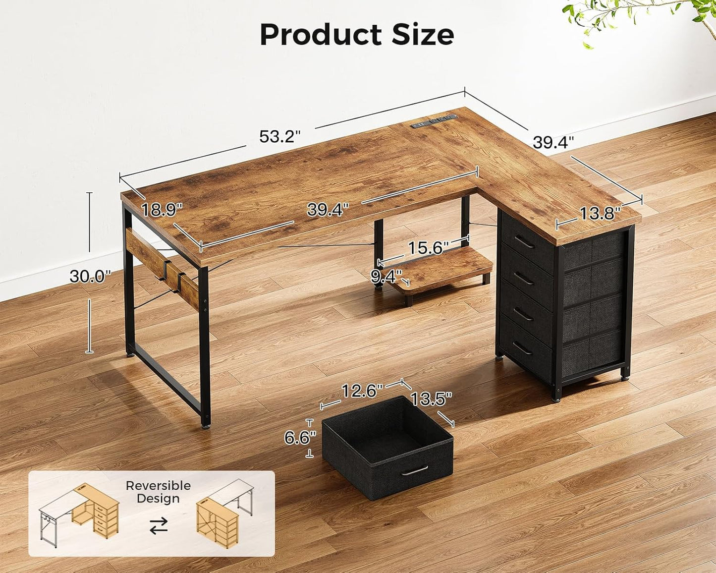 AODK L Shaped Desk with 4 Tier Drawers, 53" Reversible Gaming Desk with Power Outlets, L Shaped Computer Desk with USB Charging Port and Host Stand, Home Office Corner Desk, Easy to Assemble, Vintage