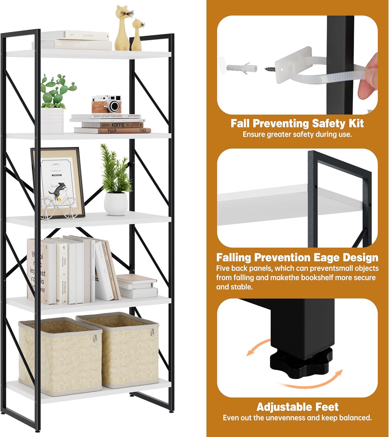 Bookshelf, 5 Tier Bookshelves, Home Office Bookcase Shelf Storage Organizer, Free Standing Storage Shelving Unit for Bedroom, Living Room and Home Office,White