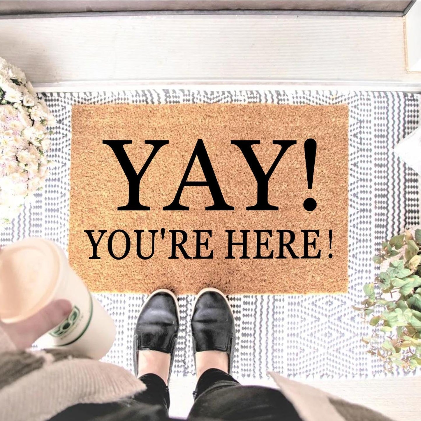 Yay You're Here Funny Coir Doormat - Natural Brown Entryway Welcome Mat, 23.7 x 15.7 inch
