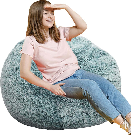 Fluffy Bean Bag Chair, 3FT Round Memory Foam Filled Bean Bag for Teens & Kids, Ultra Soft Faux Fur Fabric Bean Bag Chairs for Playroom, Living Room, Bedroom, Dark Green