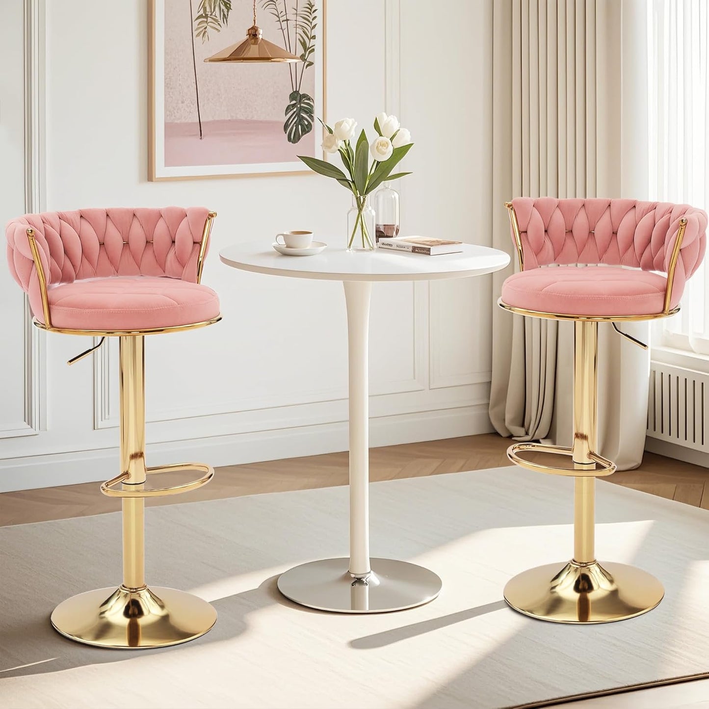 VECELO Bar Stools Set of 4, Adjustable Counter Height Barstools with Back & Arm Rest, Velvet Woven Kitchen Island Stools with Gold Metal Leg & Base, 360 Swivel, Pink