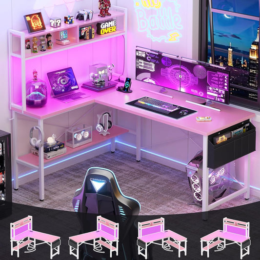 Aheaplus L Shaped Desk Gaming Desk, 59" L Shaped Computer Desk with LED Light & Power Outlet, Reversible Home Office Desk Gamer Desks with Shelves & Storage Bag & Hooks, Corner PC Desk, Pink
