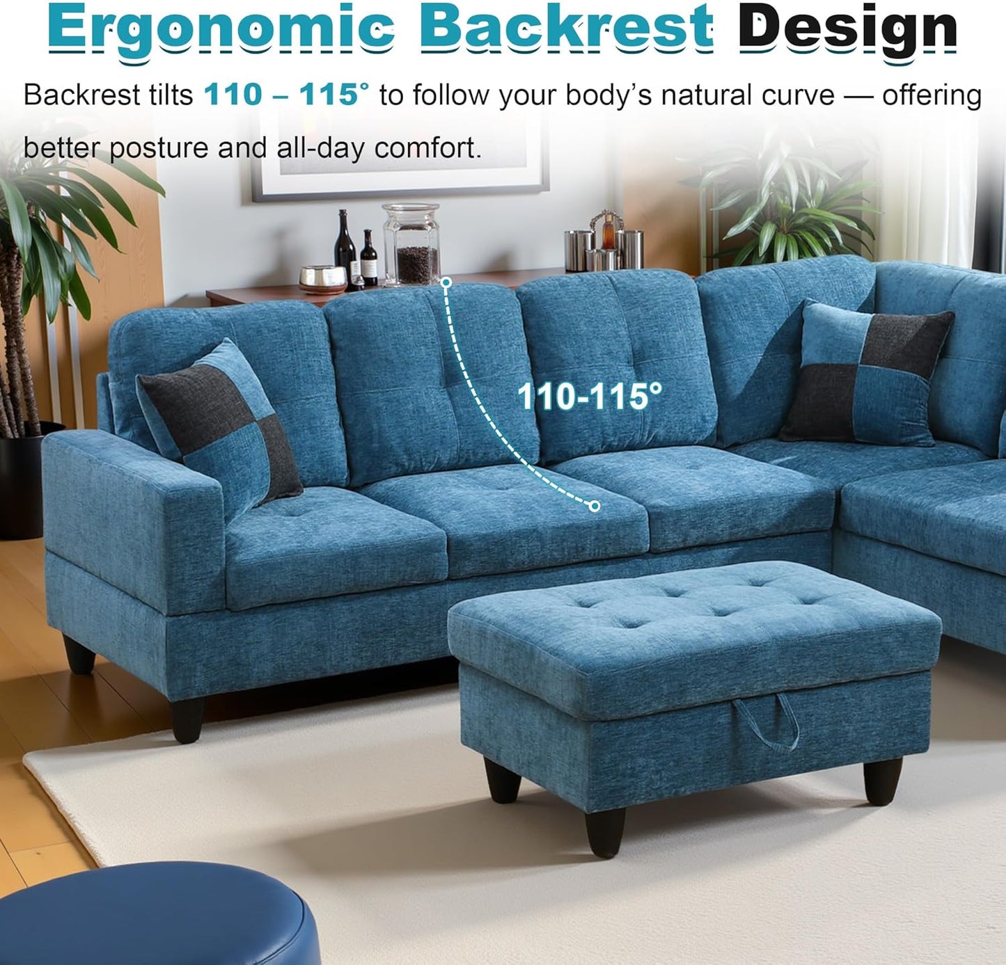 103.5" Oversized Sectional Couch, L Shaped Couch with Storage Ottoman, Modern Modular Sofa with Deep Seat, Sectional Couches for Living Room and Office, Blue (Flannel)