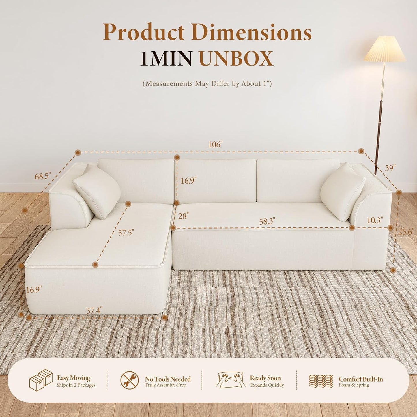 Vesgantti 106" Cloud Couch Sectional Modular Sofa, Deep Seat Comfy Cloud Couch Chenille Memory Foam Sofa Modular Couches for Living Room Bedroom, No Assembly Required (Beige, Left-Facing Chaise)