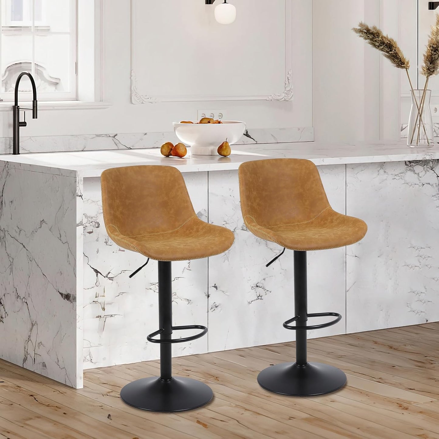 Bar Stools, Swivel Counter Height Barstools with Back, Adjustable Modern Bar Chairs, Tall Armless PU Leather Kitchen Island Stool (Yellow, Set of 2)