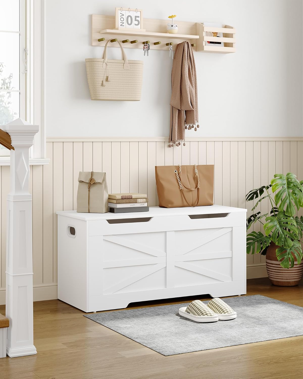 39.4" Storage Chest, Extra Large Storage Trunk with 2 Safety Hinges, Wooden Box Bench, Lift-Top Organizer Chest, Shoe Bench for Entryway, Bedroom, Living Room, White SB03403X