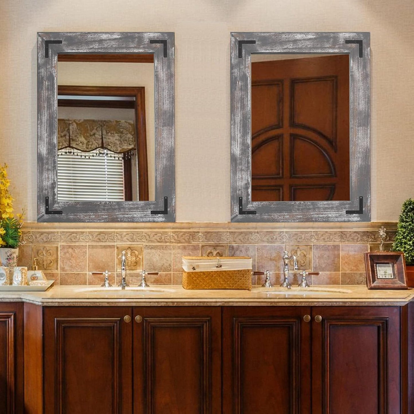 YOSHOOT Rustic Wooden Framed Wall Mirror, 40"x30", Natural Wood Bathroom Vanity Mirror for Farmhouse Decor, Vertical or Horizontal Hanging